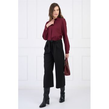 Pantaloni smart-casual din stofa negri evazati cu buzunare si cordon