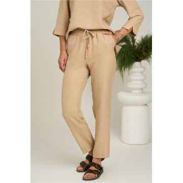 Pantaloni vaporosi bej din viscoza cu elastic in talie