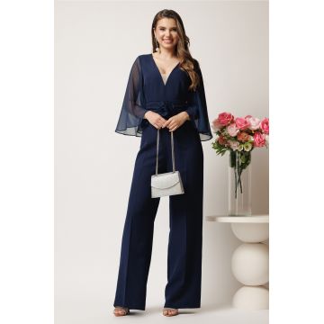 Salopeta DY Fashion bleumarin cu pantaloni evazati si floare in talie