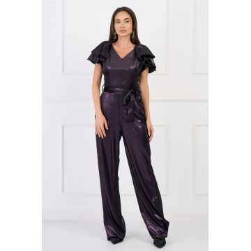 Salopeta Ella Collection Bianca din catifea cu fir lurex mov si cordon in talie