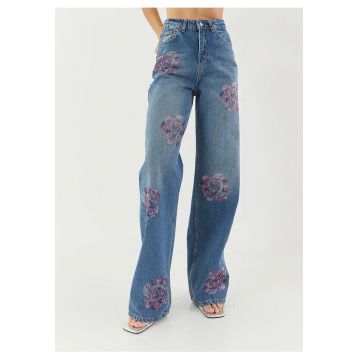 Blugi dama  denim - talie inalta - imprimeu floral - albastri - bumbac