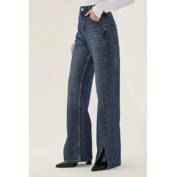 Blugi dama  drepti - talie medie - crapaturi laterale - denim - albastru inchis