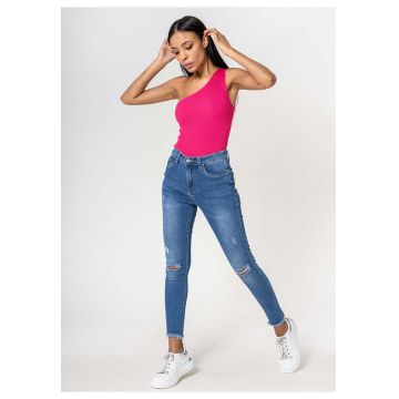 Blugi slim dama cu detalii rupte - Albastru P501-5 M10 18385