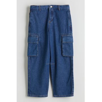 Blugi cargo cu talie medie - Albastru inchis