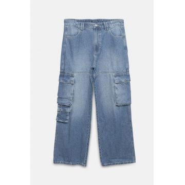 Blugi cu croiala ampla si buzunare laterale cu clapa - Albastru melange