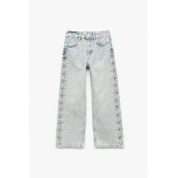 Blugi cu croiala ampla si strasuri - Albastru deschis melange