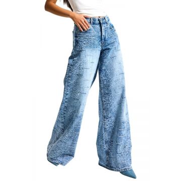 Blugi imprimeu presat ICE GLACYA, loose fit cu buzunare, Albastru prespalat