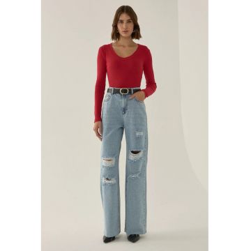 Blugi largi dama  bumbac - talie inalta - Albastru