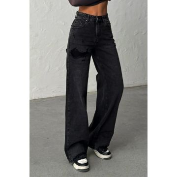 Blugi MYLANO wide leg cu elastan si perforatii, Negru Antracit
