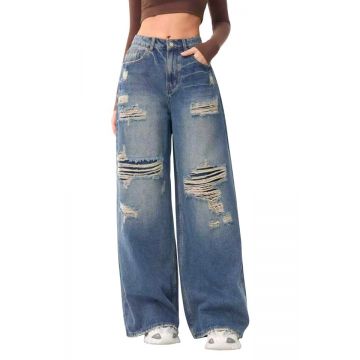 Blugi prespalati KOREAN loose fit, decupati, Albastru denim