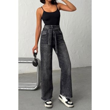 Blugi prespalati Madrid wide leg cu elastan si cordon, Negru