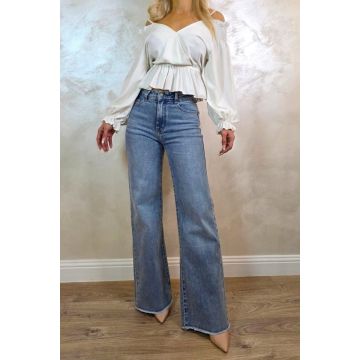 Blugi wide leg evazati Ventura, cu textura elastica, Albastru prespalat