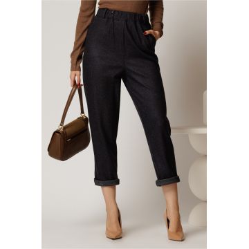 Pantaloni bleumarin casual cu imprimeu si elastic la talie