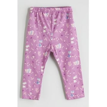 Pantaloni cu imprimeu grafic si talie elastica - Alb/Albastru lavanda/Lila