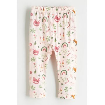 Pantaloni cu imprimeu grafic si talie elastica - Verde/Alb fildes/Roz prafuit