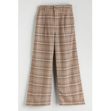 Pantaloni cu model in carouri si talie elastica pe partea din spate - Maro deschis