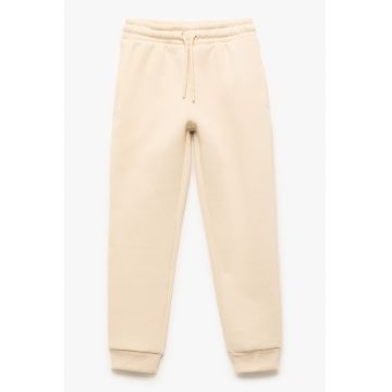 - Pantaloni de trening din amestec de bumbac cu snur de ajustare - Bej deschis