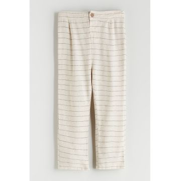 Pantaloni din amestec de in cu talie elastica - Alb fildes/Negru