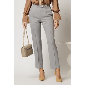 Pantaloni DY Fashion gri conici din stofa cu nasturi eleganti