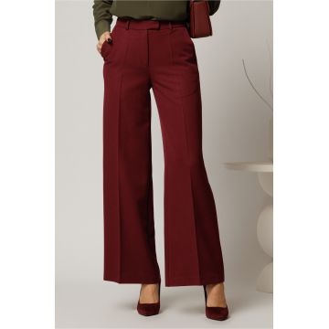 Pantaloni DY Fashion lungi bordo din stofa si croi lejer