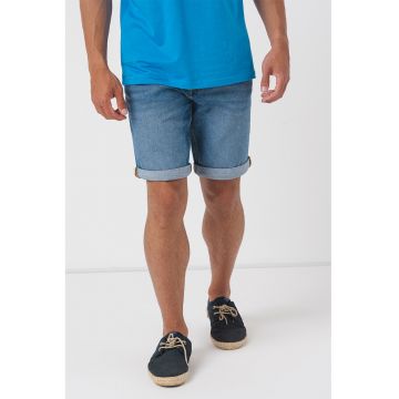 Bermude din denim cu aspect decolorat - Albastru inchis