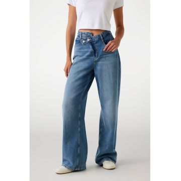 Blugi cu croiala ampla cu inchidere asimetrica - Albastru petrol