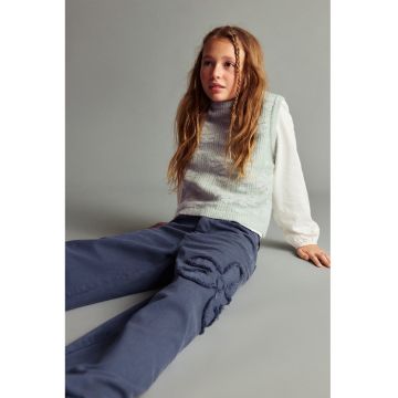 Blugi cu croiala ampla si broderie florala - Bleumarin