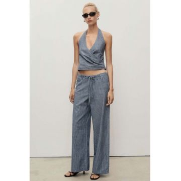 Blugi evazati in dungi cu snur in talie - Albastru pastel/Alb murdar