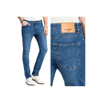 Blugi Barbati -  Felix - Straight Fit - Talie Medie - 100% Bumbac - Fermoar - Lungi - 5 Buzunare - Albastru - Albastru