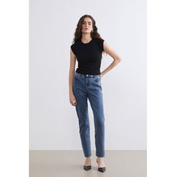 Blugi conici cu talie elastica - Albastru inchis