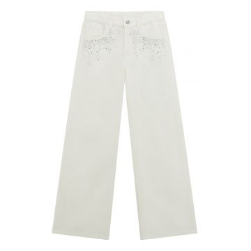Blugi cu croiala ampla si aplicatii din strasuri - Alb