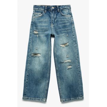 Blugi cu croiala ampla si aspect deteriorat - Albastru melange