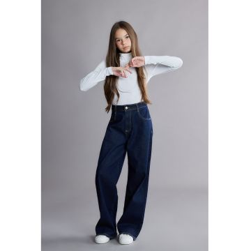 Blugi cu croiala ampla si terminatie franjurata - Bleumarin