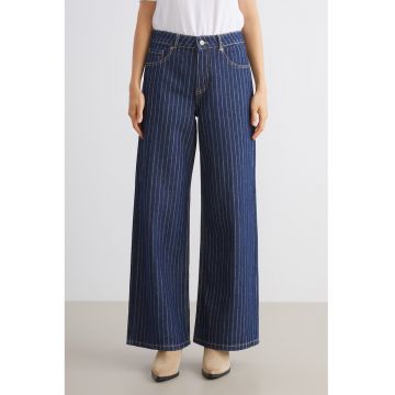Blugi cu dungi si croiala ampla - Albastru inchis/Bej