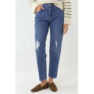 Blugi dama -  slim fit - detalii distruse - denim albastru mediu