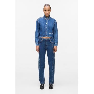 Blugi drepti cu aplicatii cu nituri - Albastru petrol