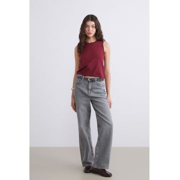 Blugi drepti cu talie medie si design 5 buzunare - Gri deschis melange