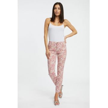 Blugi skinny cu design floral - Alb murdar/Roz