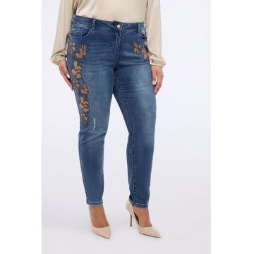 Blugi skinny cu flori brodate - Maro/Albastru inchis