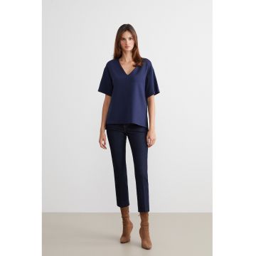 Blugi slim fit din amestec de lyocell cu pliuri - Albastru inchis