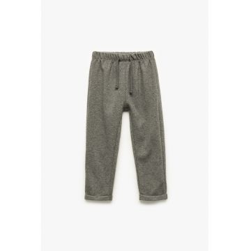 Pantaloni cu snur de ajustare si model herringbone - Gri melange