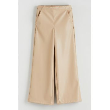 Pantaloni evazati de piele ecologica cu talie elastica - Bej