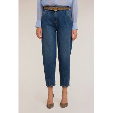 Blugi crop cu talie inalta Barrel - Albastru melange