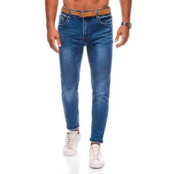 Blugi cu aspect decolorat si curea - Albastru inchis