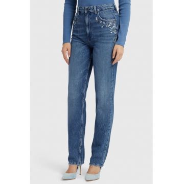 Blugi cu talie inalta si aplicatii cu paiete - Albastru