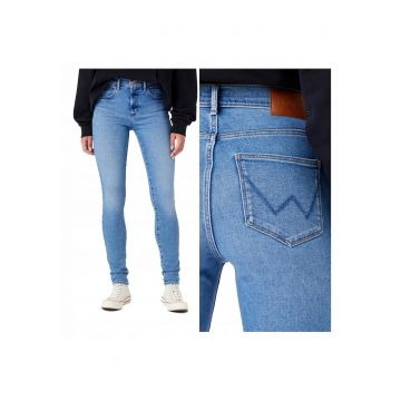 Blugi Dama -  High Rise Skinny Jeans - Skinny Fit - Talie Inalta - Fermoar - Lungi - 5 Buzunare - Bumbac - Albastru - Albastru