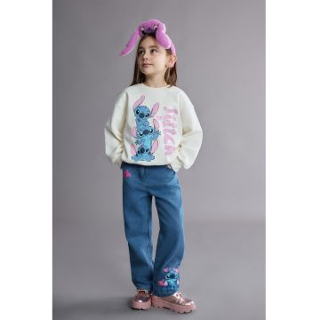 Blugi drepti cu detalii Stitch - Albastru pastel