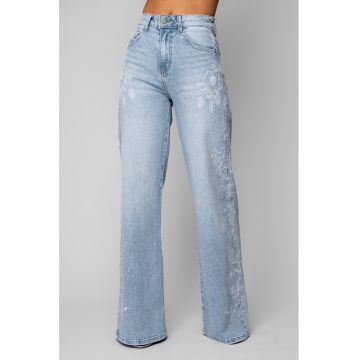 Blugi largi cu model floral si pietricele Light Blue 20051 - Albastru deschis