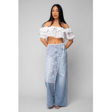 Blugi lungi elastici cu aplicatie din dantela Light Blue 20116 - Albastru deschis