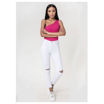 Blugi slim dama cu detalii rupte - Albi P501-10 M10 19077